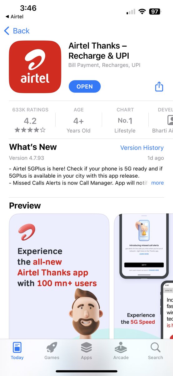 Rajkh's tweet photo. @airtelindia 
Hi looks like there is bugs got introduced with the latest version of the airtel thanks app, version 4.7.93. 
On iphone when I am launching the airtel app, its first showing the Airtel thanks app and then a spinner appears and page get redirected app store. https://t.co/4yrwe36L6I