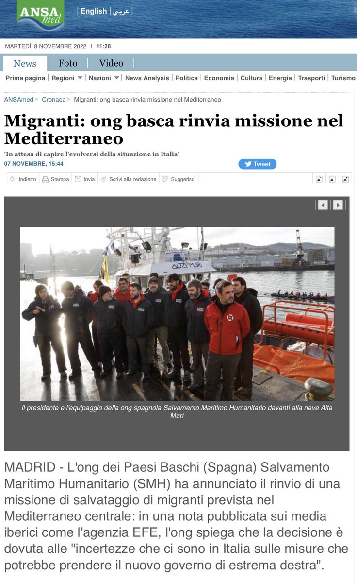 fratotolo2's tweet photo. La ONG basca @smhumanitario sospende le operazioni di salvataggio dei #migranti per le “incertezze che ci sono in Italia sulle misure che potrebbe prendere il nuovo governo di estrema destra".

Quindi, “restiamo umani” solo quando gli immigrati sbarcano esclusivamente in Italia. https://t.co/LznwhTw1Wh