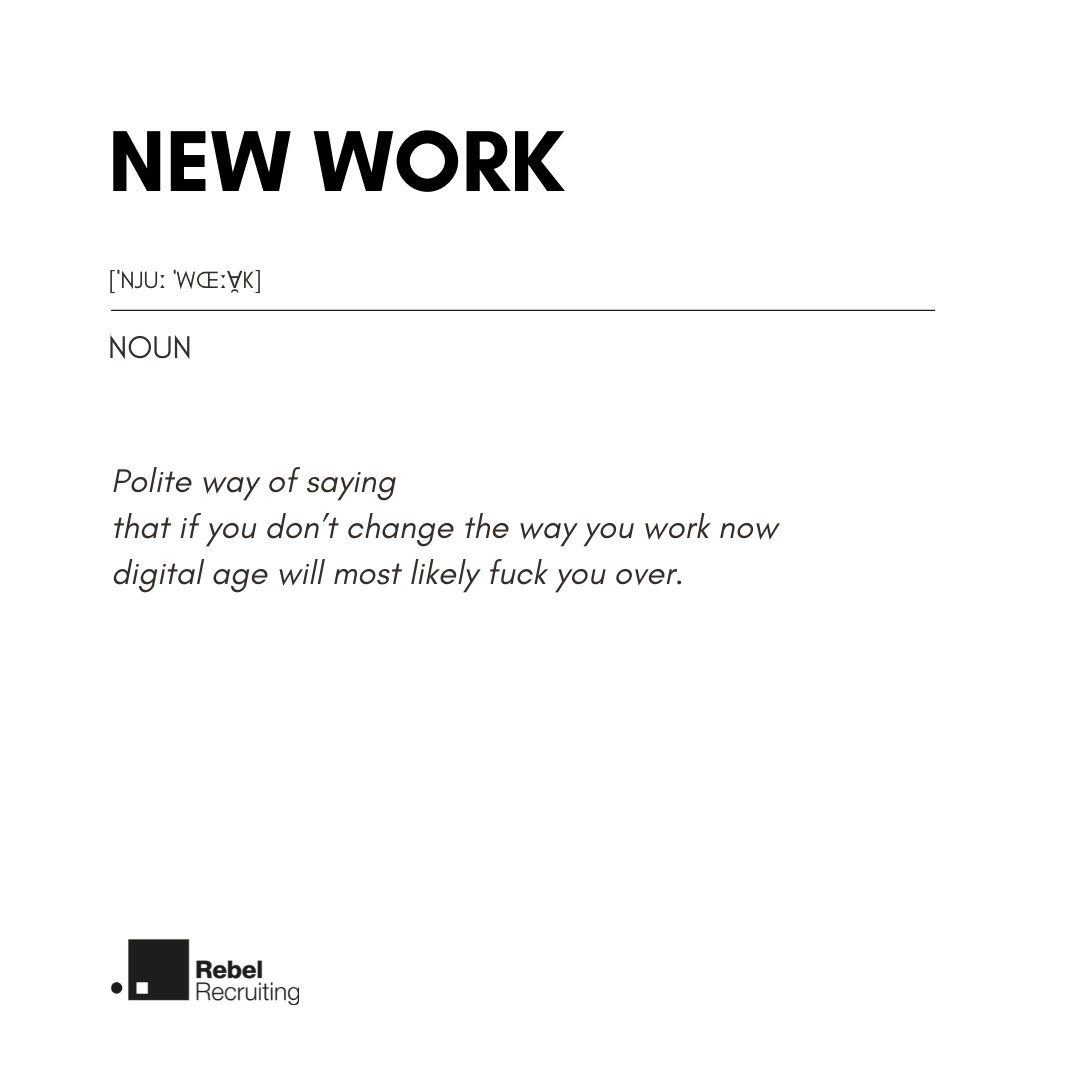 🥰 We love NEW WORK 🥰 

Aber ist New Work überhaupt noch New? Wir finden: Nein! Eigentlich sollte es inzwischen doch in den Köpfen angekommen sein, dass an neuen und modernen Wegen zu Arbeiten eigentlich kein Weg mehr vorbei führt. Wie siehst Du das? 

#newwork #futureofwork