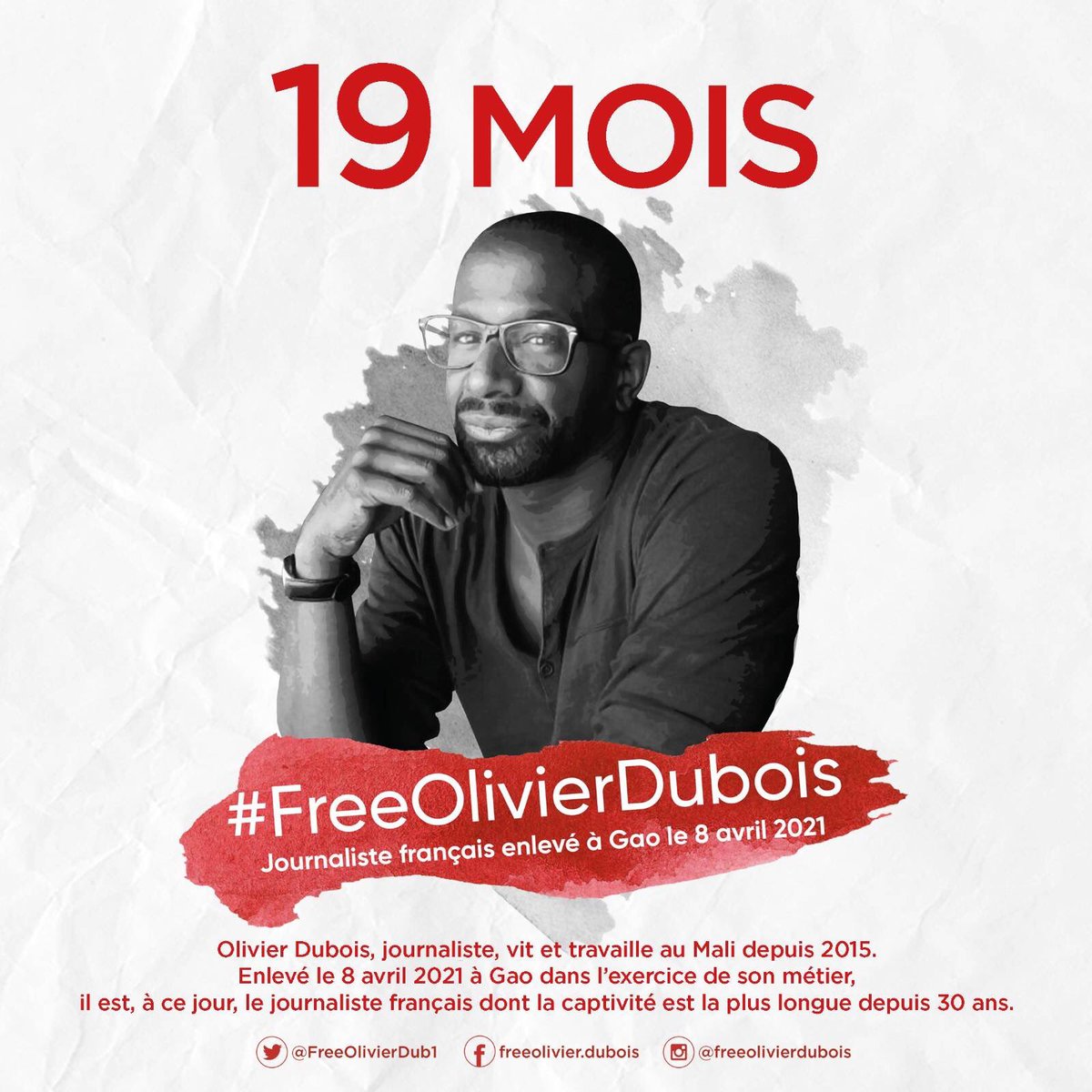 Cela fait 19 mois qu’Olivier est otage au Mali. Il est le journaliste français dont la captivité est la plus longue depuis 30 ans. Jusqu’à quand? #FreeOlivierDubois #Presse #Mali #France