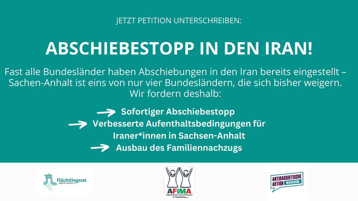 FlueRa_ST's tweet photo. Jetzt Petition unterschreiben:
Wir fordern endlich auch für #SachsenAnhalt einen #Abschiebestopp in den #Iran! Dass die Landesregierung weiterhin darauf besteht, Menschenleben zu gefährden, nehmen wir nicht länger hin. Unterstützt uns hier:
https://t.co/RY1kV4tqMa https://t.co/7uSl4pduiR