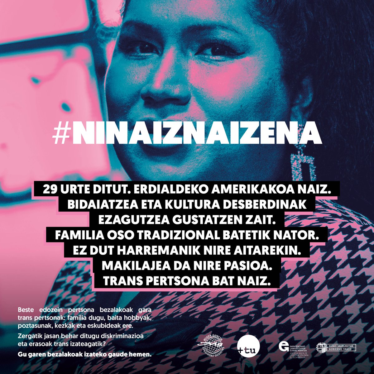 Gehitu_Elkartea's tweet photo. 📢 Ezagutzen nauzu? 29 urte ditut. Erdialdeko Amerikakoa naiz eta familia oso tradizional batetik nator. Bidaiatzea eta kultura desberdinak ezagutzea gustatzen zait. #Trans pertsona bat naiz…
Zergatik da deigarriena azken hau? Trans baino lehen, #pertsona naiz #NiNaizNaizena https://t.co/jhiC3XH2Ss