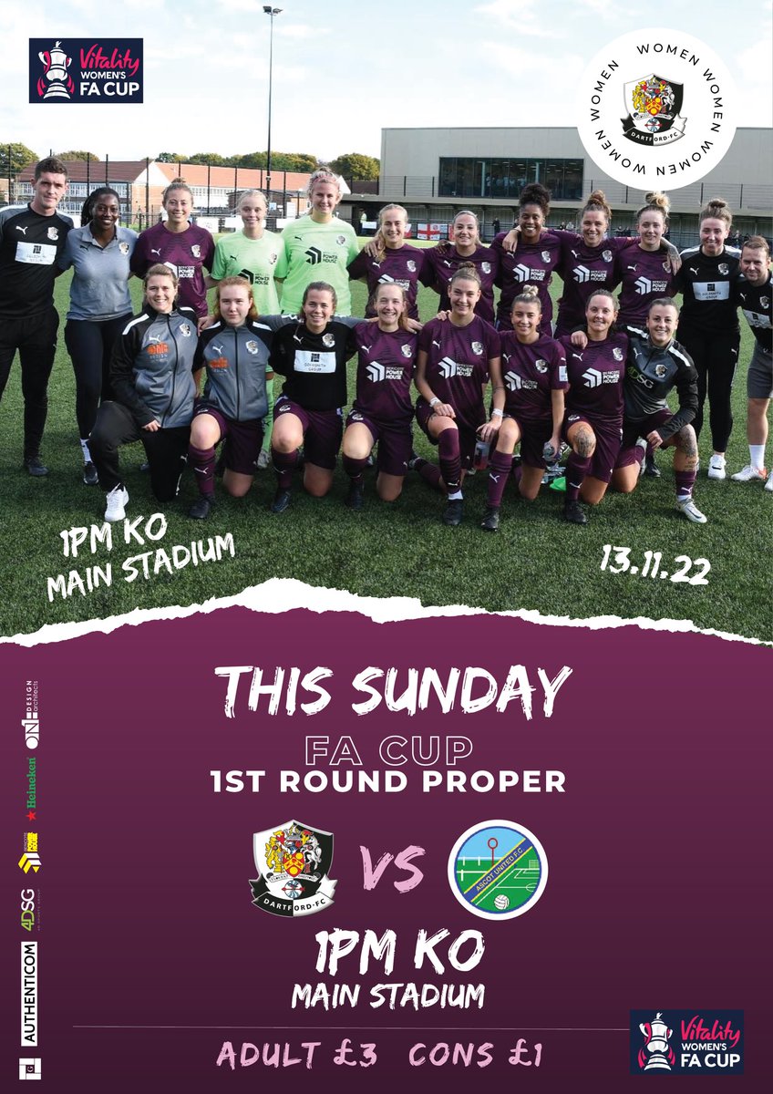 DartfordFCWomen's tweet photo. This Sunday is a MASSIVE! We take part in the 1st Round Proper of the @VitalityWFACup 

Come support your darts women! 

🆚 @AscotLadiesFC
🏟 Princes Park Stadium 
⏰ 1PM KO
🎟 £3 adult £1 Cons 

Let make more history with a big crowd to support the women! 

#eatyourdartout https://t.co/ixggo5JCES
