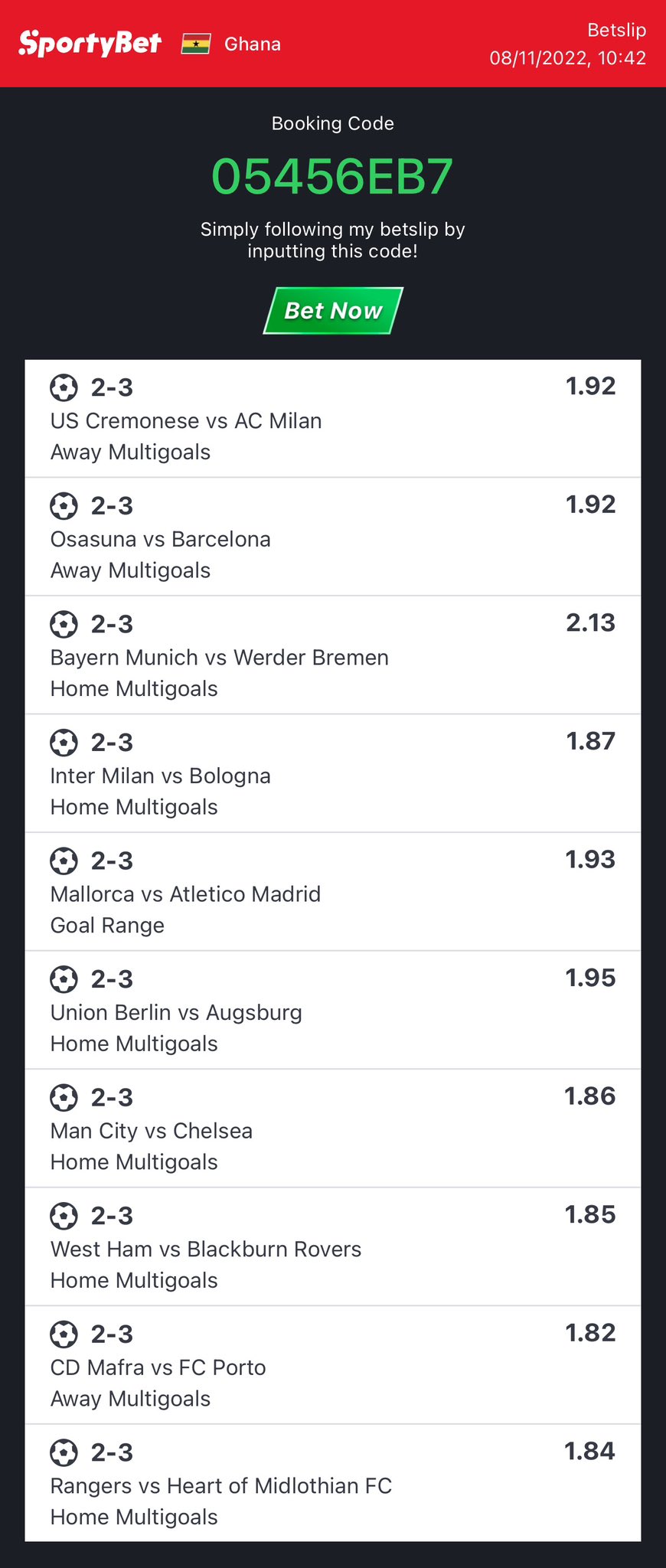 FREESPORTYBET On Twitter 621 Odds Multigoals Code 05456EB7 Stake