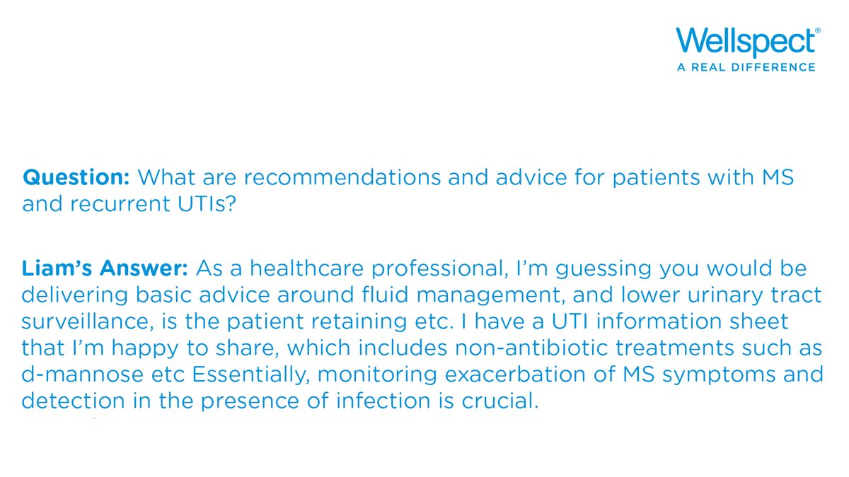 WellspectUK's tweet photo. Liam Rice has answered the first question posed to him @BAUNnurses regarding advice for patients with MS and recurring UTIs
#urology #BAUN22 https://t.co/bfE0COBDnU