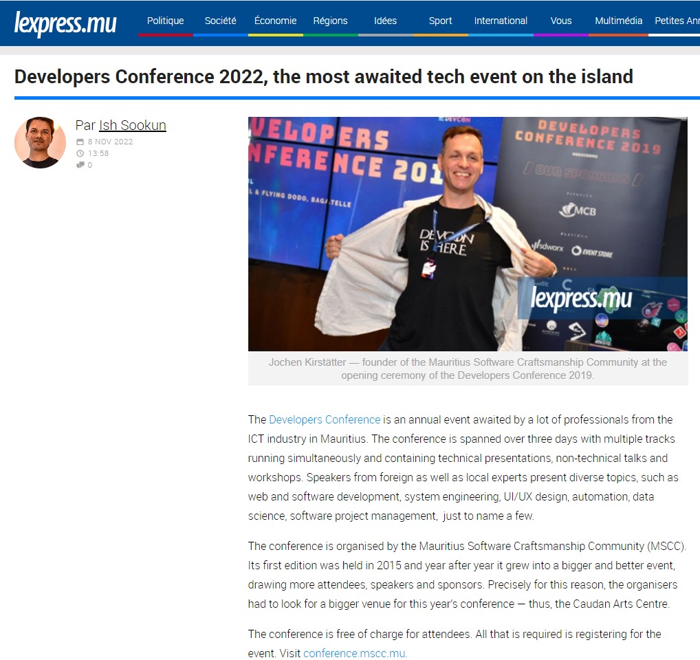 A big thanks to <a href="/kou1ack/">Loïc Forget</a> and <a href="/IshSookun/">Ish Sookun</a> from La Sentinelle for the awesome article! 
DevCon22 is happening in 2 weeks! 
Register on: forms.gle/5JuiNzzYJzCGNY…
conference.mscc.mu
#devconmu #developers #conference #mauritius
lexpress.mu/node/415580