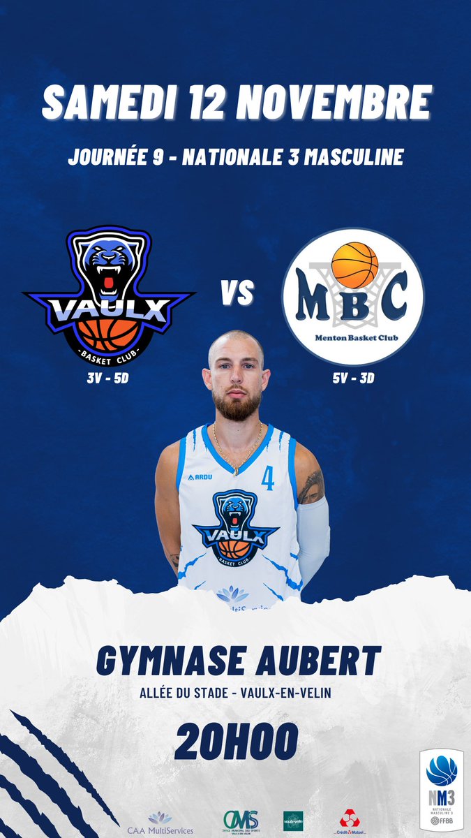 VaulxBC's tweet photo. 9eme journée de championnat NM3 ce week-end avec la réception de Menton Basket Club a 20h au gymnase Aubert 🔵 https://t.co/k1A9cXV54n