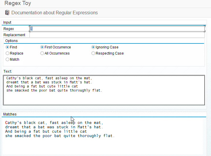 RichardBuffing's tweet photo. Hint of the day:
If you would like to validate your regular expressions for #SAP purposes you can use the program DEMO_REGEX_TOY from transaction SE38.
It's part of every #Netweaver and S/4HANA #ABAP stack and comes with extensive documentation.
#SAPNetweaver #S4HANA #REGEX https://t.co/xrdgb9tCYI