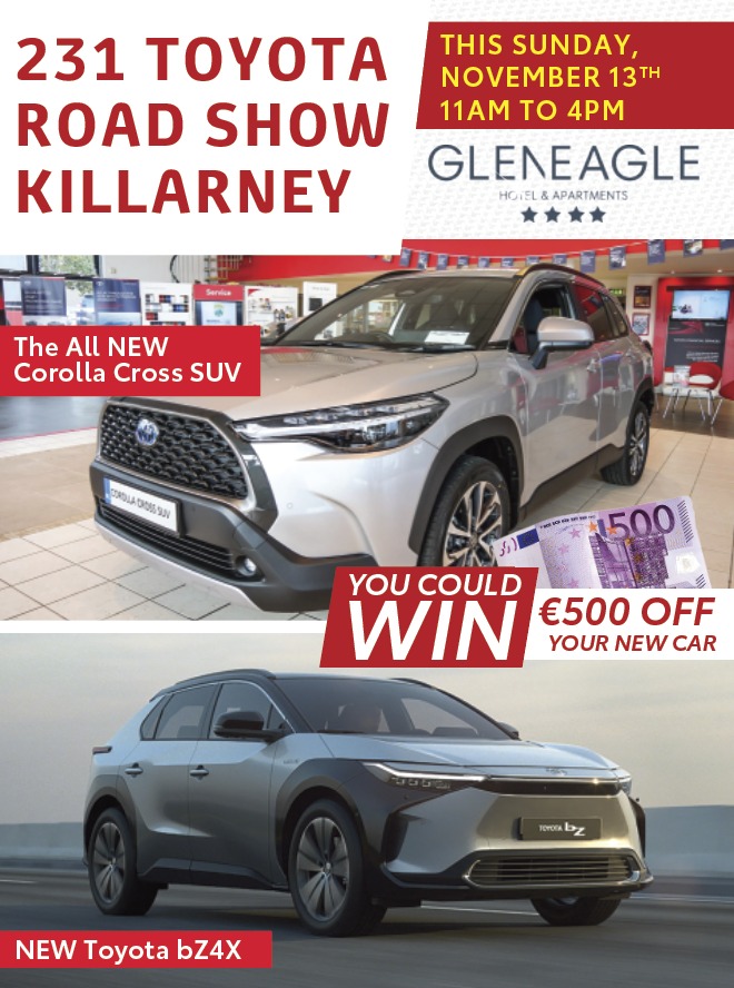 Kellihers Garage (@kellihersgarage) on Twitter photo Check out Kellihers Toyota 231 Roadshow on this Sunday, Nov 13th @GleneagleHotel Killarney from 11am to 4pm - showcasing the All New Corolla Cross SUV, the bZ4X + over 20 cars on display, be sure to save the date #toyotakerry #corollacrosssuv #toyotasalesevent Check out Kellihers Toyota 231 Roadshow on this Sunday, Nov 13th @GleneagleHotel Killarney from 11am to 4pm - showcasing the All New Corolla Cross SUV, the bZ4X + over 20 cars on display, be sure to save the date #toyotakerry #corollacrosssuv #toyotasalesevent