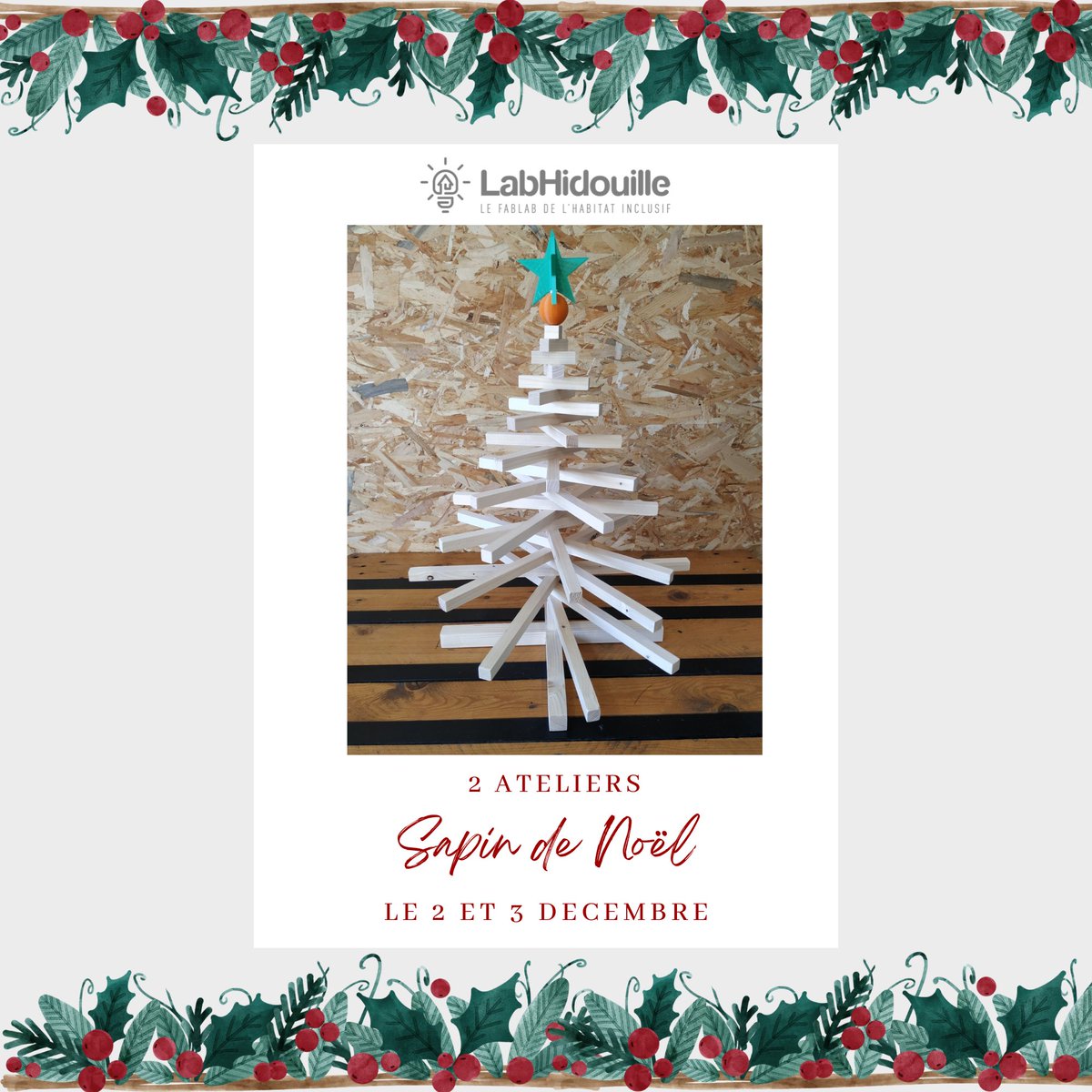 Envie d'apprendre à construire votre sapin de Noël ? 

Participez à l'un de nos #ateliers organisés les 2 et 3 décembre à <a href="/Mulhouse/">Ville de Mulhouse</a>, de 9h à 12h. 

fablab.labhidouille.fr/#!/events/111
et 
fablab.labhidouille.fr/#!/events/112

#fablab #noël #tuto #construction #idéecadeau #handicap #autisme #senior