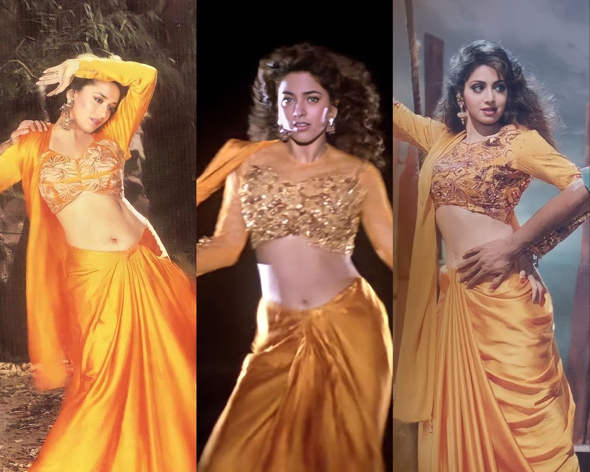Queens of 90s #Sridevi #MadhuriDixit #JuhiChawla wore similar kind of orange sarees. #NeetaLulla designed Sri's sari for the Telugu film #SPParashuram & Juhi's for #Darr movie. Whereas Madhuri's saree was designed by #AnnaSingh for the famous 'Dhak dhak song'
#SrideviLivesForever