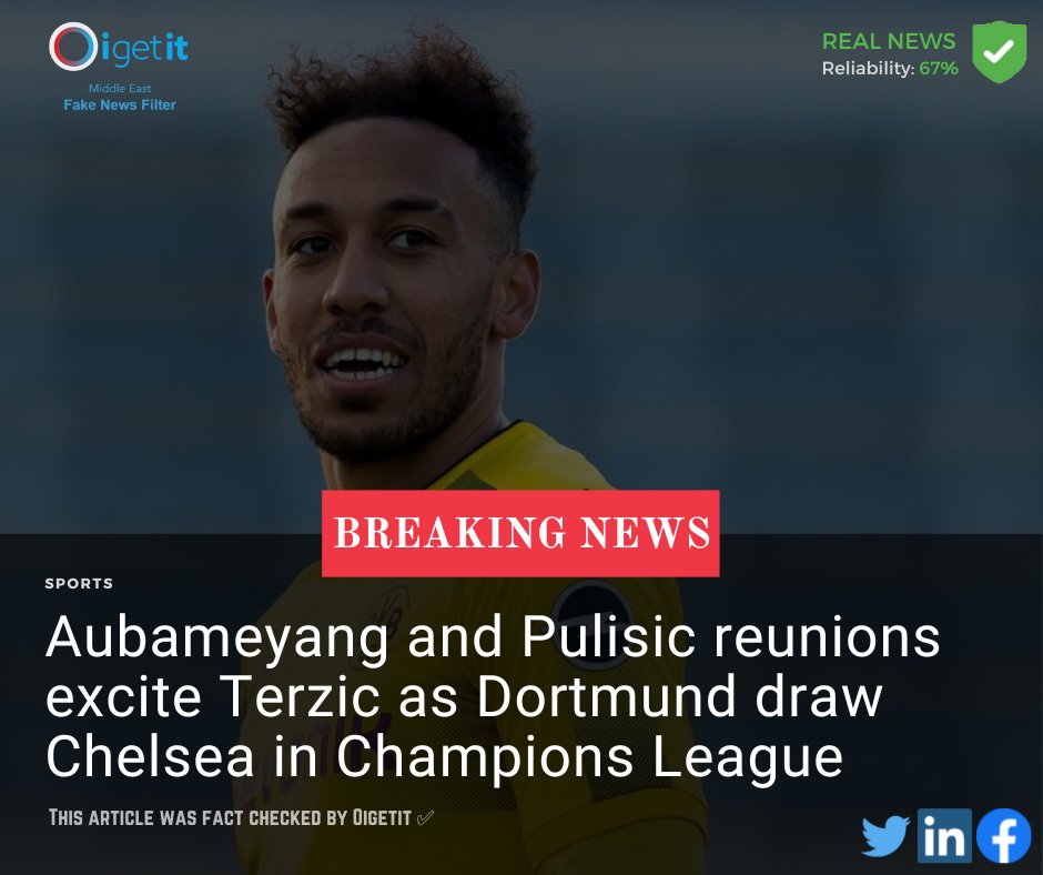 OigetitME's tweet photo. #Breaking -Chelsea attackers Pierre-Emerick Aubameyang and Christian Pulisic will face former club Borussia Dortmund in the Champions League's last 16.

Read more:https://t.co/GRzh4Umpir

This article was fact checked by #Oigetit ✅

#Dortmund #Chelsea #football #oigetitme https://t.co/P8R2Wn4J61