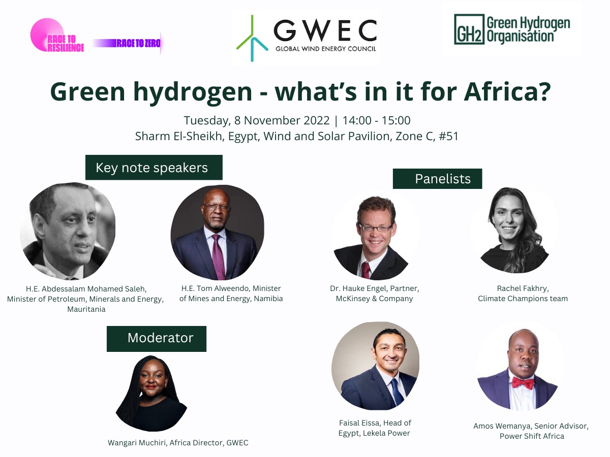 We have a fantastic line up for the session "Green hydrogen - what’s in it for Africa?" at #COP27 starting at 14:00 EET today. Watch online or come along in person at the Wind and Solar Pavilion <a href="/hlcchampions/">Climate High-Level Champions</a> <a href="/GWECGlobalWind/">GWEC</a> <a href="/WangariTango/">Wangari Muchiri</a> gwec.net/cop-27-green-h…