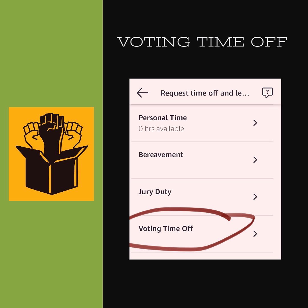 amazonlabor's tweet photo. Make sure to submit your paid 
‘Voting Time Off’ if you’re working a shift today, Tuesday, November 8th. 

Check your state’s voting time-off laws for which state you’re registered (ex: up to 2 hours allotted New York for voting)!

Full instructions in last graphic.

@amazonlabor https://t.co/BmTxbDspFN