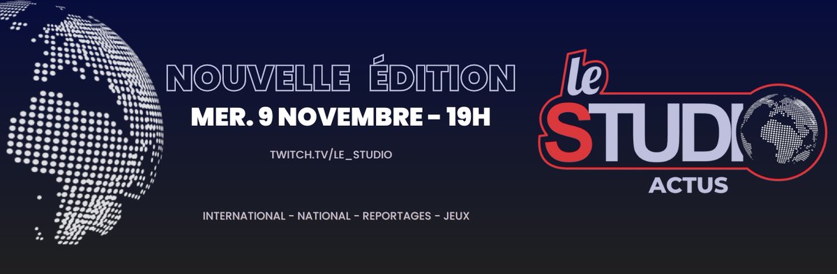 Le Studio Laval (@lestudio_laval) on Twitter photo 🌐Nouveau rendez-vous
👉Ce Mercredi 9 Novembre, retrouvez l'#émission LeStudio #Actus pour une toute nouvelle #édition !
📄Au programme : actualités #nationales, #internationales, #reportages et des #jeux !
🔗 On vous attend sur twitch.tv/le_studio
<a href="/iutlaval/">IUT DE LAVAL</a> <a href="/LeMansUniv/">Le Mans Université</a> 🌐Nouveau rendez-vous
👉Ce Mercredi 9 Novembre, retrouvez l'#émission LeStudio #Actus pour une toute nouvelle #édition !
📄Au programme : actualités #nationales, #internationales, #reportages et des #jeux !
🔗 On vous attend sur twitch.tv/le_studio
<a href="/iutlaval/">IUT DE LAVAL</a> <a href="/LeMansUniv/">Le Mans Université</a>