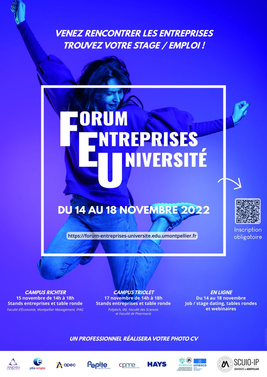 #ForumEntreprisesUniversite 💼 Étudiants rencontrez les entreprises et postulez à des offres de stages et d’emplois ! <a href="/SCUIOIP_UM/">SCUIO-IP Université de Montpellier</a> organise sa 13ème éd du Forum Entreprises Université du 14 au 18 nov 🔊+ tables rondes et webinaires
👉 Infos et Inscription: …prises-universite.edu.umontpellier.fr