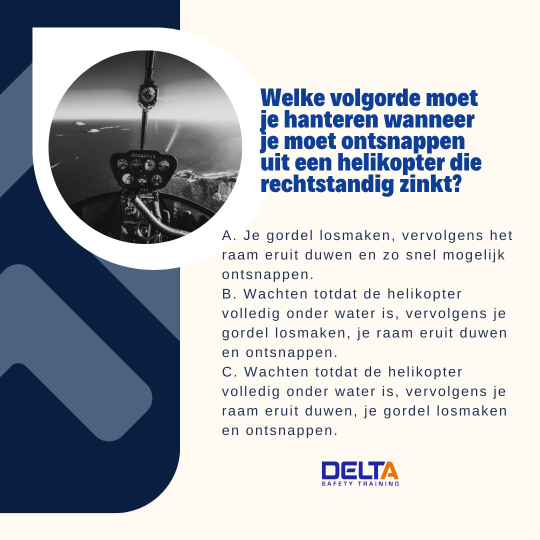 Weet jij wat de juiste volgorde is van handelingen die je moet uitvoeren als je moet ontsnappen uit een helikopter die rechtstandig zinkt? Kies één van de onderstaande opties en check daarna of je het goed had door op onderstaande link te klikken! bit.ly/3hpSEY7