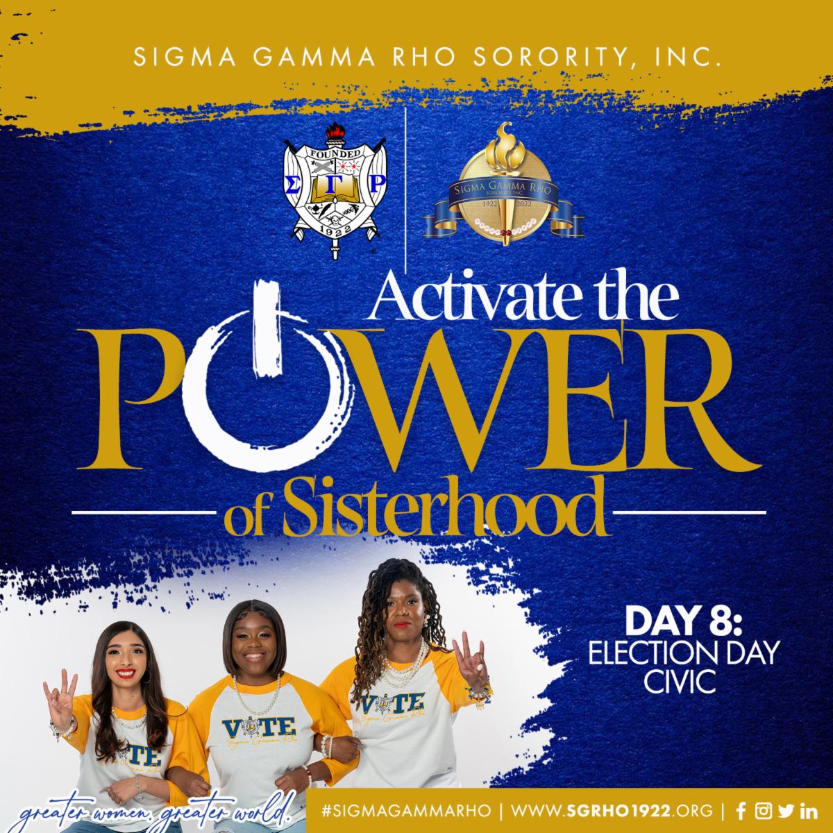 SGRho's tweet photo. Day 8: Today is the day! Make sure you get out and vote. Share photos of you with your I voted sticker! Use the hashtags #Vote and #ElectionDay along with our official hashtags #SGRho100 #Greater #SGRhoCentennial and #SigmaGammaRho! https://t.co/ed3k1xYRwL