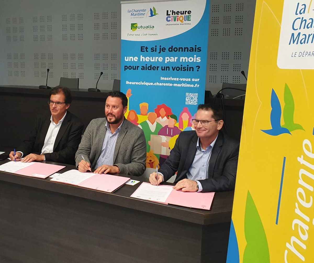 L’Heure Civique (@heurecivique) on Twitter photo Signature de la Charte de Partenariat entre <a href="/departement17/">Département de la Charente-Maritime</a> <a href="/Mutualia/">Mutualia</a> et <a href="/VoisinSolidaire/">Voisins Solidaires</a> pour #LHeureCivique Charentaise Maritime. Avec <a href="/GrenotAlexandre/">Grenot Alexandre</a> Vice-Président du Département, Jérôme Reboul Directeur Général de <a href="/Mutualia/">Mutualia</a> et <a href="/AtanasePerifan/">Atanase Périfan ن</a> créateur de <a href="/VoisinSolidaire/">Voisins Solidaires</a> Signature de la Charte de Partenariat entre <a href="/departement17/">Département de la Charente-Maritime</a> <a href="/Mutualia/">Mutualia</a> et <a href="/VoisinSolidaire/">Voisins Solidaires</a> pour #LHeureCivique Charentaise Maritime. Avec <a href="/GrenotAlexandre/">Grenot Alexandre</a> Vice-Président du Département, Jérôme Reboul Directeur Général de <a href="/Mutualia/">Mutualia</a> et <a href="/AtanasePerifan/">Atanase Périfan ن</a> créateur de <a href="/VoisinSolidaire/">Voisins Solidaires</a>