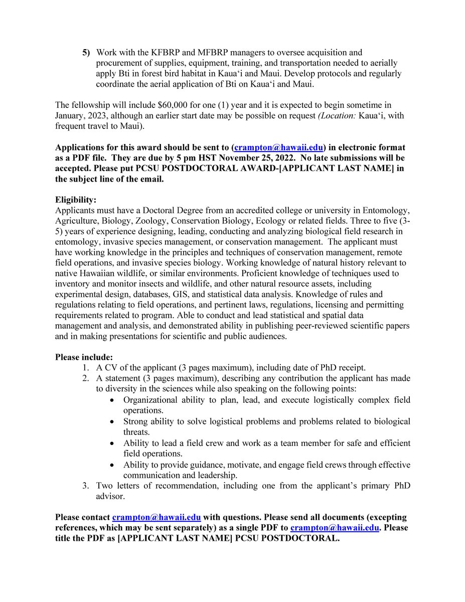 EOU 🐦 (@eounion) on Twitter photo #Postdoc opportunity <a href="/uhmanoa/">University of Hawaii at Manoa</a>
2023 PCSU POST-DOCTORAL FELLOWSHIP AT UNIVERSITY OF HAWAIʻI AT MĀNOA
Advancing mosquito suppression techniques through targeted Bti larvicide application to protect Hawaiian Forest #Birds
Deadline 25 Nov. 2022 #Postdoc opportunity <a href="/uhmanoa/">University of Hawaii at Manoa</a>
2023 PCSU POST-DOCTORAL FELLOWSHIP AT UNIVERSITY OF HAWAIʻI AT MĀNOA
Advancing mosquito suppression techniques through targeted Bti larvicide application to protect Hawaiian Forest #Birds
Deadline 25 Nov. 2022