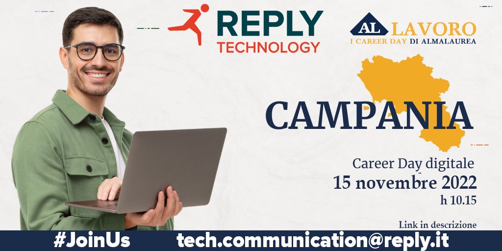 TechReplyRoma's tweet photo. 🗓️15 novembre, #TechnologyReplyRoma sarà #CareerDay Campania di @Almalaurea.
🎓👨💻 #neolaureato o #laureando di #informatica o #ingegneriainformatica? Registrati 👉 https://t.co/WkF24iWN9m
#lavoraconnoi #jobopportunity #TechnologyReplyRoma #Almalaurea #CareerDay #JoinUs #Hiring https://t.co/9mhkQpgvQk