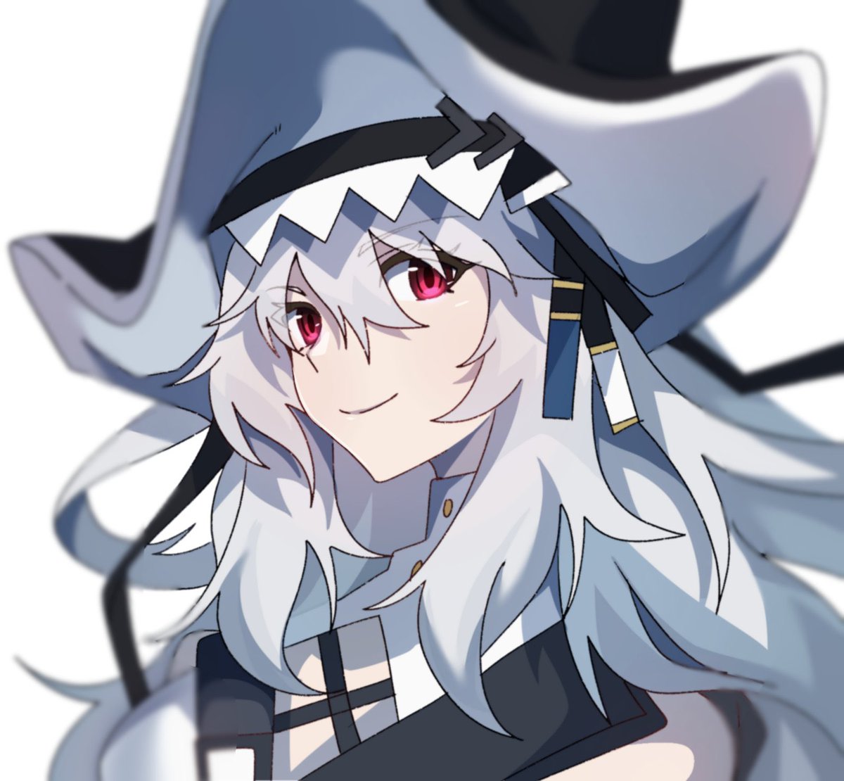 specter (arknights) 1girl solo smile red eyes long hair white background black headwear  illustration images