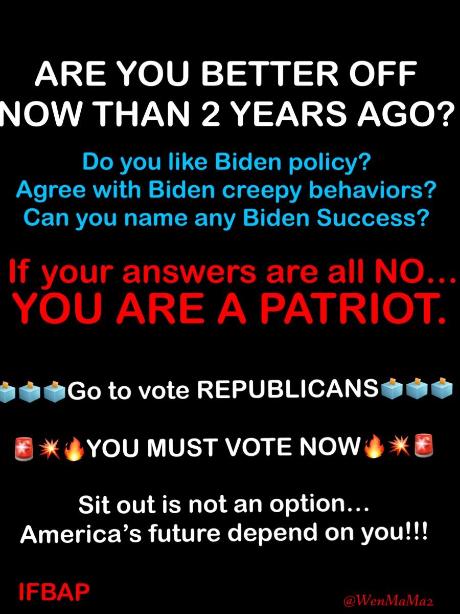 WenMaMa2's tweet photo. .🚨 #T4MAGA2 #A11082 🚨
🇺🇸🗳Nov8🗳🇺🇸
MAGAPatriotsWarriors🇺🇸GoodDay👍
#UnitingPatriots #RedTsunami2022
#VoteRedToSaveAmerica2022

#VoteRED🗳🇺🇸🗳🇺🇸🗳🇺🇸🗳

#MakeAmericaSafeAgain
#MakeAmericaGreatAgain
#SaveAmerica2022

✅PleaseFollow @WenMaMa2 🙏✅
✅RT/IFBAP✅ GodBless✝️☮️🙏✅ https://t.co/gFMDvcYpp8