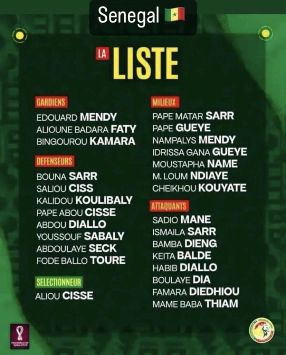 FancyDiMaria_'s tweet image. Senegal 🇸🇳 coach Aliou Cisse confirms his 26-man squad for the #2022WC