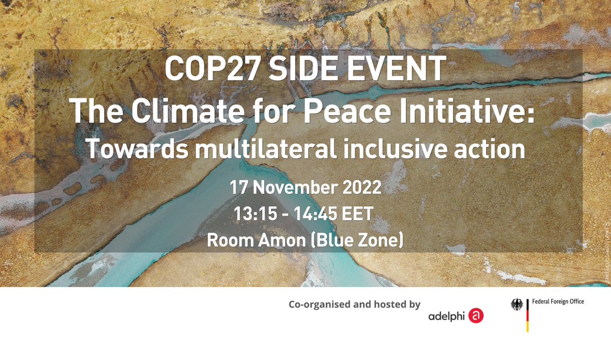 ClimateDiplo's tweet photo. @CatherineWong01 @environofpeace @FlorianKrampe @AnniekBarnhoorn @KatongoSeyuba @dansmith2020 📅Join @GermanyDiplo+@adelphi_berlin on 17.NOV
Panellists will explore early action &amp; investments to address the climate–environment–peace nexus. Discussions will revolve around #Climate4Peace and other approaches to increase collaboration across sectors
🔗https://t.co/mjiybaIwRF https://t.co/zPt7GTiLcK