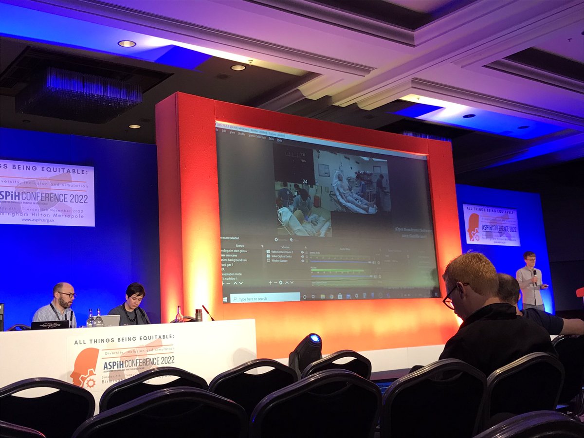 #ASPiH <a href="/jameskeitley/">James Keitley</a>  on live-streaming cross institutional hybrid sim 
One group of candidates who then had a debrief as usual. 5 groups of 10 watched remotely, then had group discussions whilst live team was being debriefed. Everyone brought together to discuss learning points.