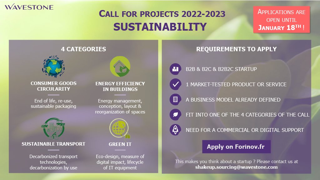 You are a #startup embracing #sustainability, and you want to benefit from a coaching by <a href="/wavestoneFR/">Wavestone France</a> experts ? Our new #callforprojects by #ShakeUp is now open for application !
Visit our dedicated page on <a href="/Forinov1/">Forinov</a> : forinov.fr/pr/Entreprise/…