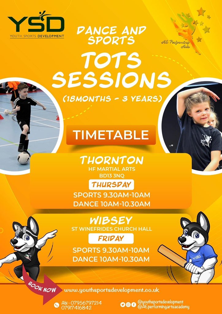 YSDsportsdev's tweet photo. Our tots sessions start this week in #bradford !
The classes are held in thornton and also wibsey!
We would to see all parents and childminders present #tots #ysdtots #firstdancelessons #firstfootballsession https://t.co/nGigzo5CCI