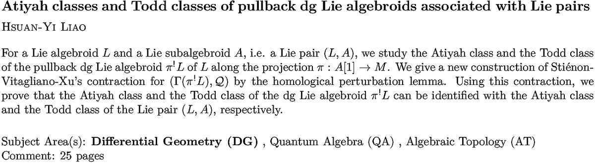 arxiv.org/abs/2211.03273…
H Liao
Atiyah classes and Todd classes of pullback dg Lie algebroids associated
  with Lie pairs