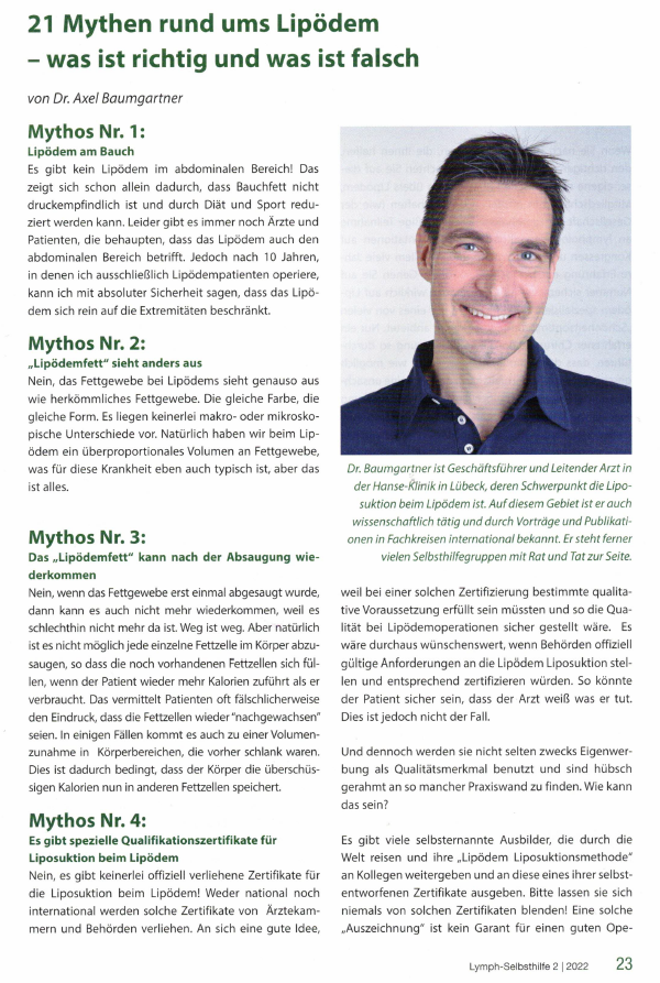 HanseKlinik's tweet photo. New article by Dr. Baumgartner in the "Magazin der Lymphselbsthilfe: 21 myths about lipoedema"
Quelle: Baumgartner A. (2022), "Lymphselbsthilfe - DAS MAGAZIN DER LYMPHSELBSTHILFE E.V", 11/22: S. 23-27 #lipoedema #lipoedemaawareness #lipedema #liposuction #HanseKlinik https://t.co/4ZXcrgs3Sm