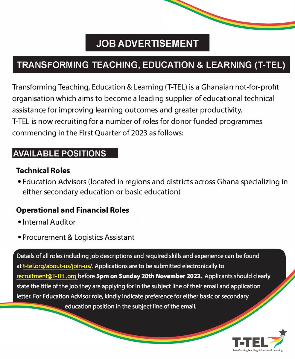 TTELGhana's tweet photo. T-TEL is recruiting for a number of roles for donor funded programme commencing in the First Quarter of 2023.
Read more about the job descriptions here- https://t.co/V71s10Xc1V https://t.co/yqlde9N2oX