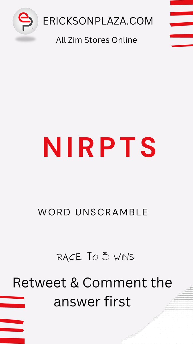erickson_plaza's tweet photo. 6. #Week45
Race to 3 wins

Game: Find the hidden word...

Retweet and Comment the answer first.
The first person to comment a correct word wins.

Follow Us &amp; We Follow Back

Prize: $2 airtime

https://t.co/wIz7C3Xpbm 
All Zim Stores Online https://t.co/DN4DauWKtc