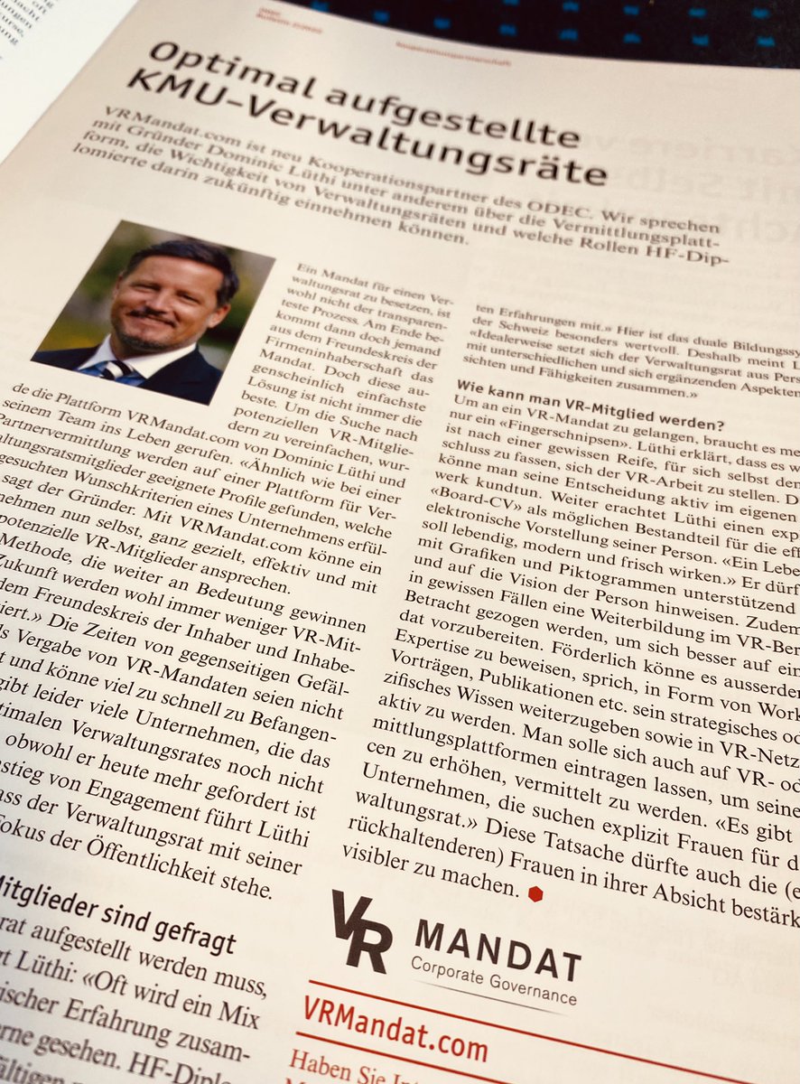 vrmandat's tweet photo. Optimal aufgestellte KMU-Verwaltungsräte
Danke #ODEC und @UrsGassmann für den Bericht und das Engagement zum Thema #Verwaltungsrat https://t.co/dIcn1DTOyn
