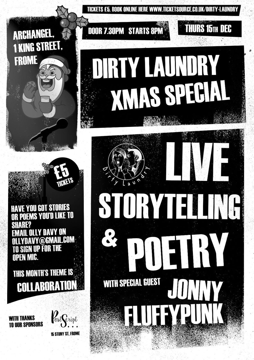 OllyDavy's tweet photo. Story and poetry lovers! The Dirty Laundry Christmas special is on Thursday 15th December at the Archangel in Frome. Featuring poet and rabble rouser Jonny Fluffypunk, it's going to be a great night. Tickets via the link below. https://t.co/yFngKENqZw
