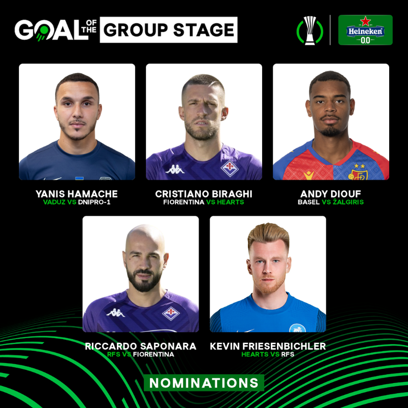 Conf_League's tweet photo. ๐จ 1 day left to vote!
โฝ๏ธ Who should take the Goal of the Group Stage title? ๐
@Heineken | #UECLGOTGS | #UECL