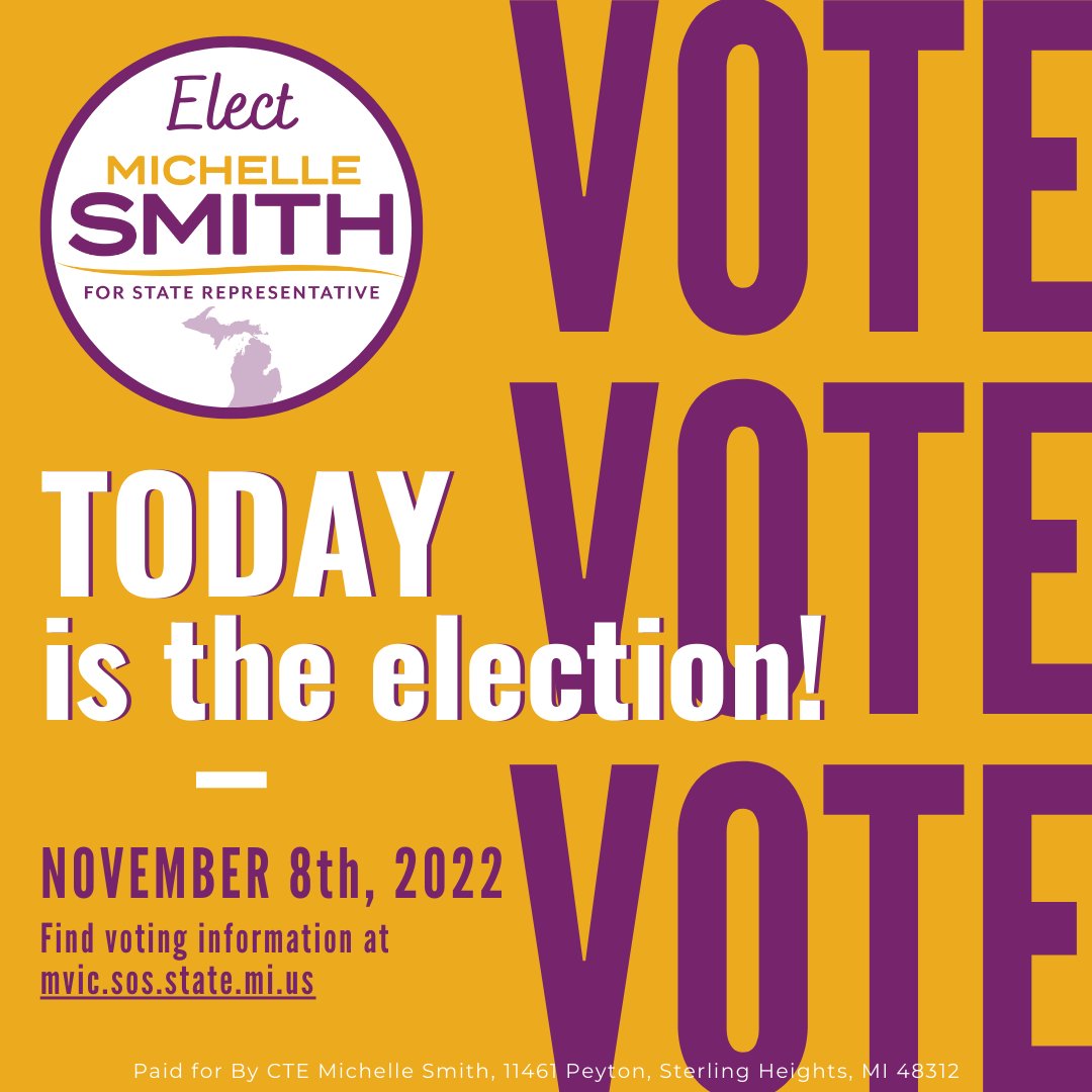 MSmithforMI's tweet photo. TODAY is election day! This is your chance to get out and vote Michelle Smith for State Representative District 58!

Find helpful voting information at https://t.co/tF8FFQOJdO https://t.co/bV66QfmhM8