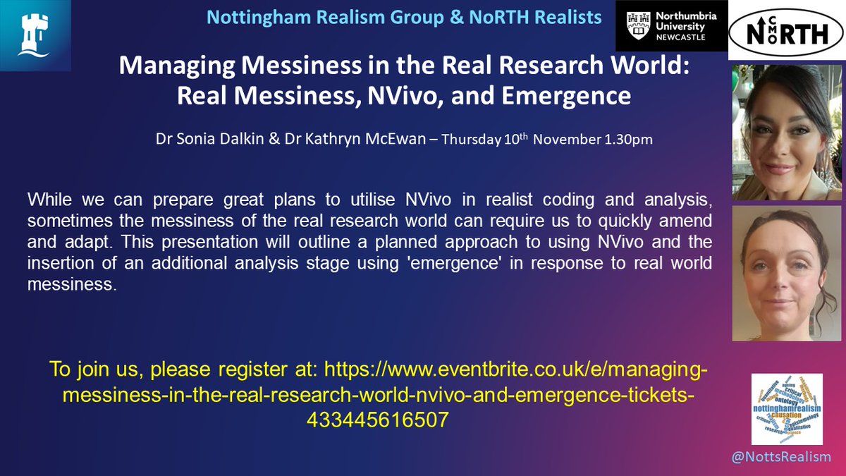 Thrilled 2 host joint meeting between @NRealists& @NottsRealism with @SoniaDalkin & Kathryn McEwan: NVivo and the messiness of realist research: Link to eventbrite /www.eventbrite.co.uk/e/managing-messiness-in-the-real-research-world-nvivo-and-emergence-tickets-433445616507