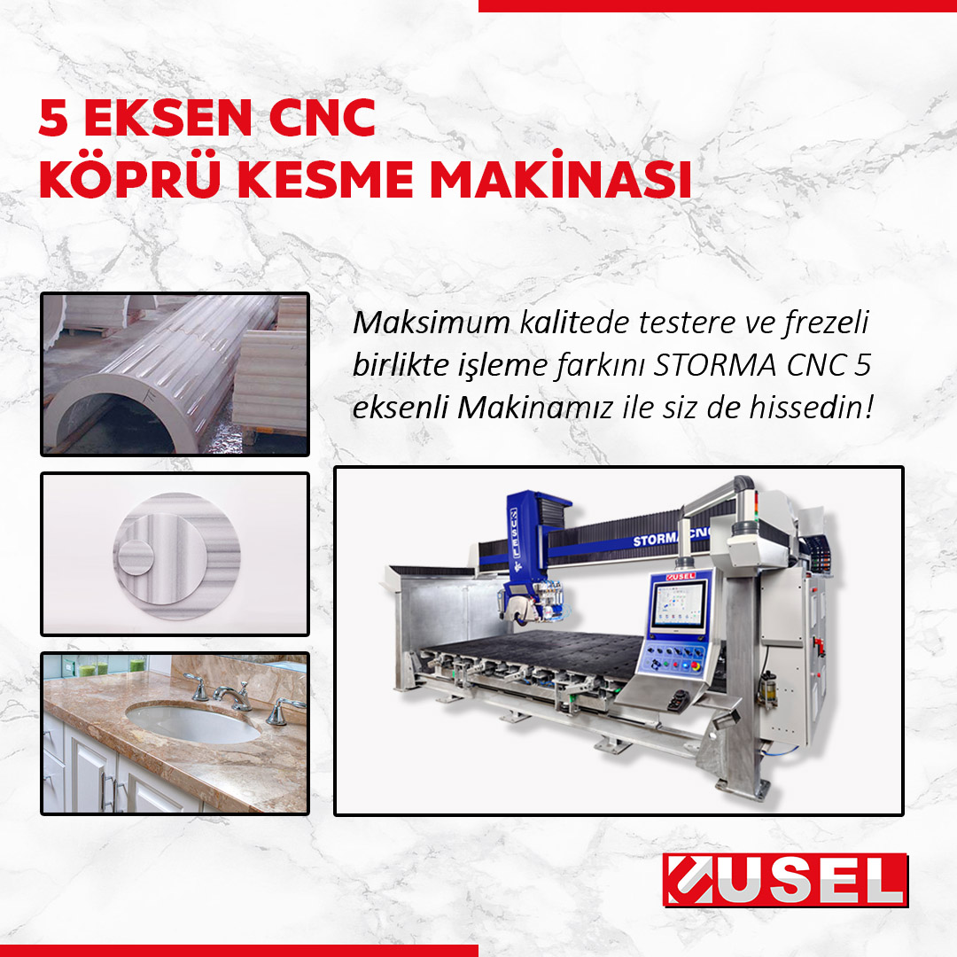 uselmakina's tweet image. STORMA CNC 5 Eksen Köprü Kesme Makinası ile titreşimsiz ve yüksek hızlı kesim yapılabilmektedir. Ayrıca Freze ve Testere ile entegre çalışan DDX Easystone CAM yazılımı altyapısı ile mermere istenilen her türlü şekli vermenizde çözüm ortağınız olmaktadır. #CNC5eksen #CNC5axis