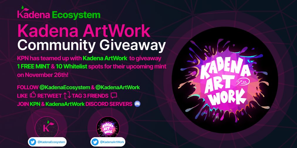 🚨#GIVEAWAY ALERT🚨

<a href="/KadenaArtWork/">Kadena Artwork MINT LIVE</a>  is giving away 
1 #FREEMINT &amp; 10 #Whitelist spots!

➡️ Follow <a href="/KadenaArtWork/">Kadena Artwork MINT LIVE</a> &amp; <a href="/kadenaecosystem/">Kadena Ecosystem</a>
➡️RT🔁&amp;❤️ 
➡️Tag 3 friends 
➡️Join KPN Discord: discord.gg/kpn
➡️Join Kadena Artwork Discord: discord.gg/mjBxZCgZr7

Ends in 48hrs🕓