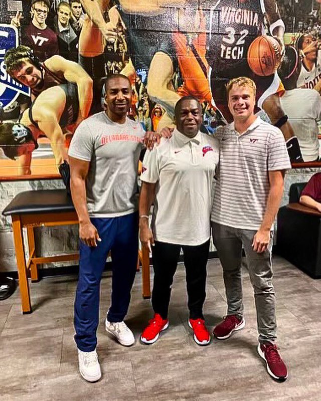 Surprise Sanford Reunion! Stan Waterman arrived at VA TECH for the shoot before the game, and look who they saw, Sanford alum Brett Kosinski '16. He's working in the VA TECH athletic department! 

Photos sent in by Joan Samonisky 💛
