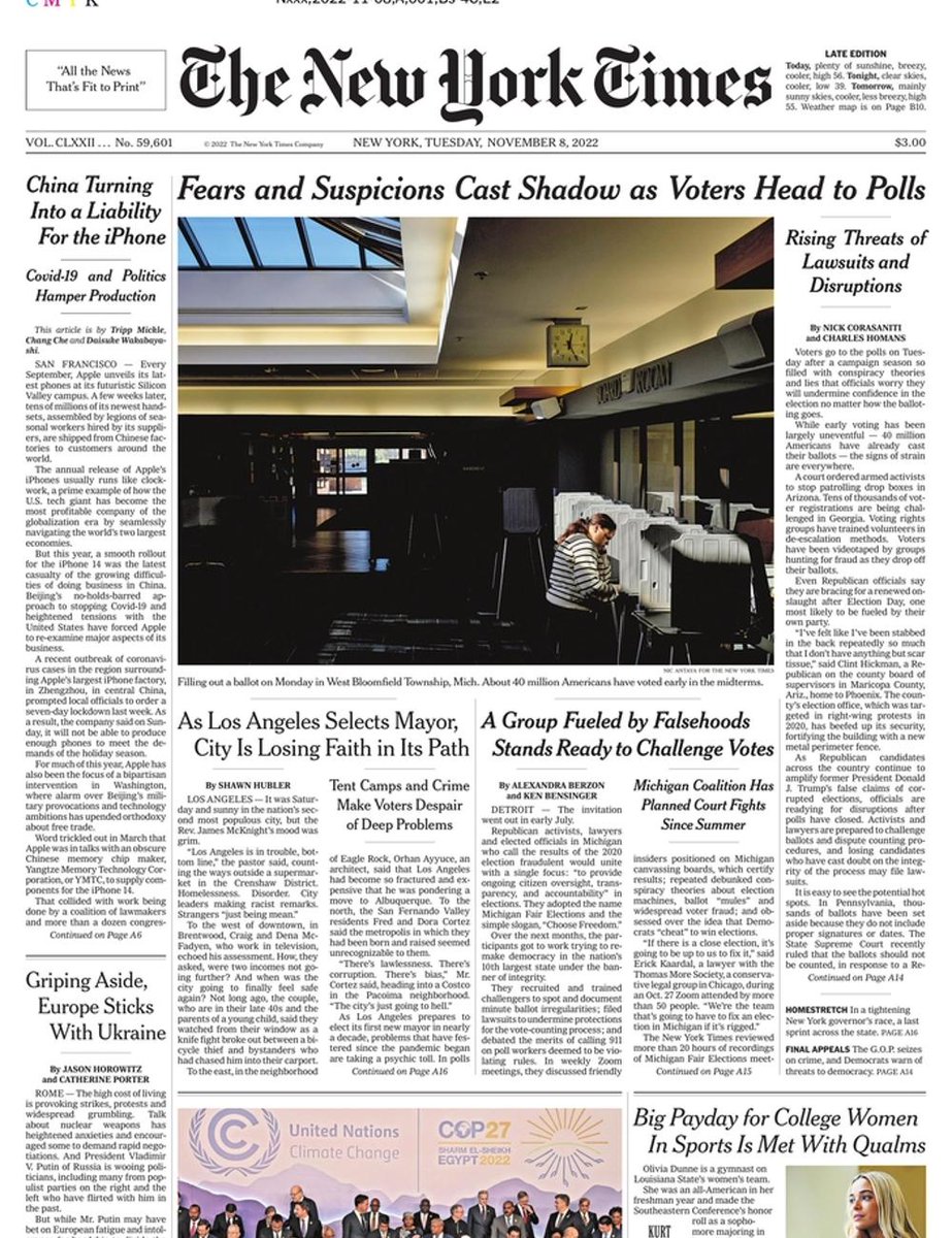 nyt_daily's tweet photo. The front page of The New York Times this morning.
Tuesday, November 8 2022. https://t.co/W8n2XbnSzY