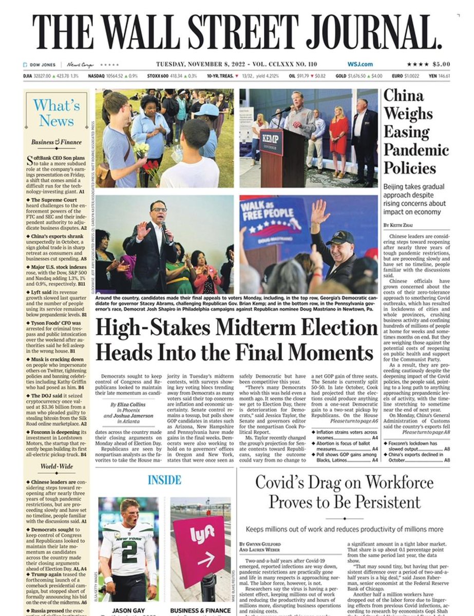 The front page of The Wall Street Journal this morning.
Tuesday, November 8 2022.