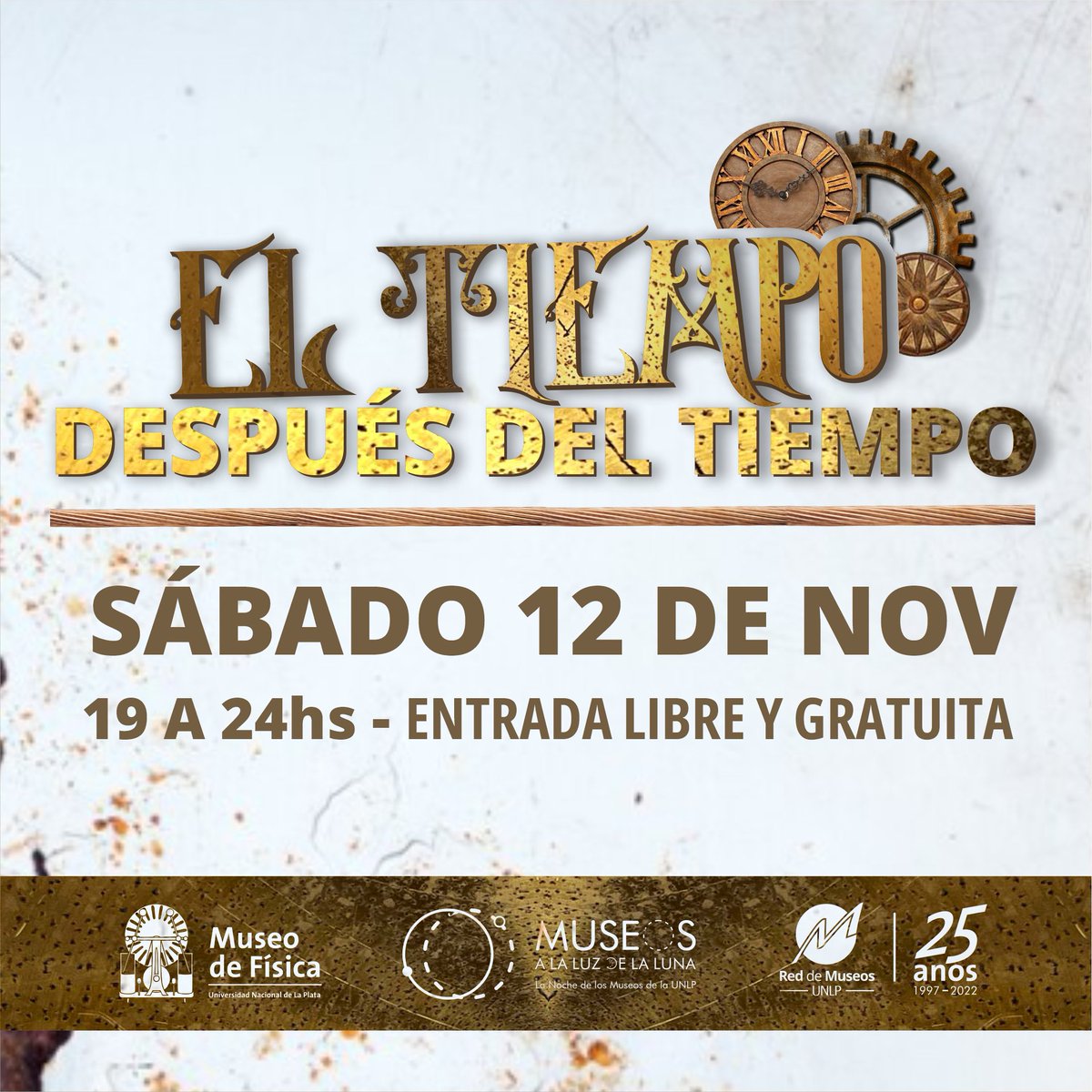 El Tiempo Después del Tiempo
Este sábado nos encontramos en Museos a la Luz de la Luna 🌙✨
📍Museo de Física - calle 49 y 115
⌚ 19 a 24hs - entrada libre y gratuita

Conoce todo sobre la noche y las demás actividades en <a href="/MuseosUnlp/">Red de Museos UNLP</a> 
unlp.edu.ar/museosalaluzde…