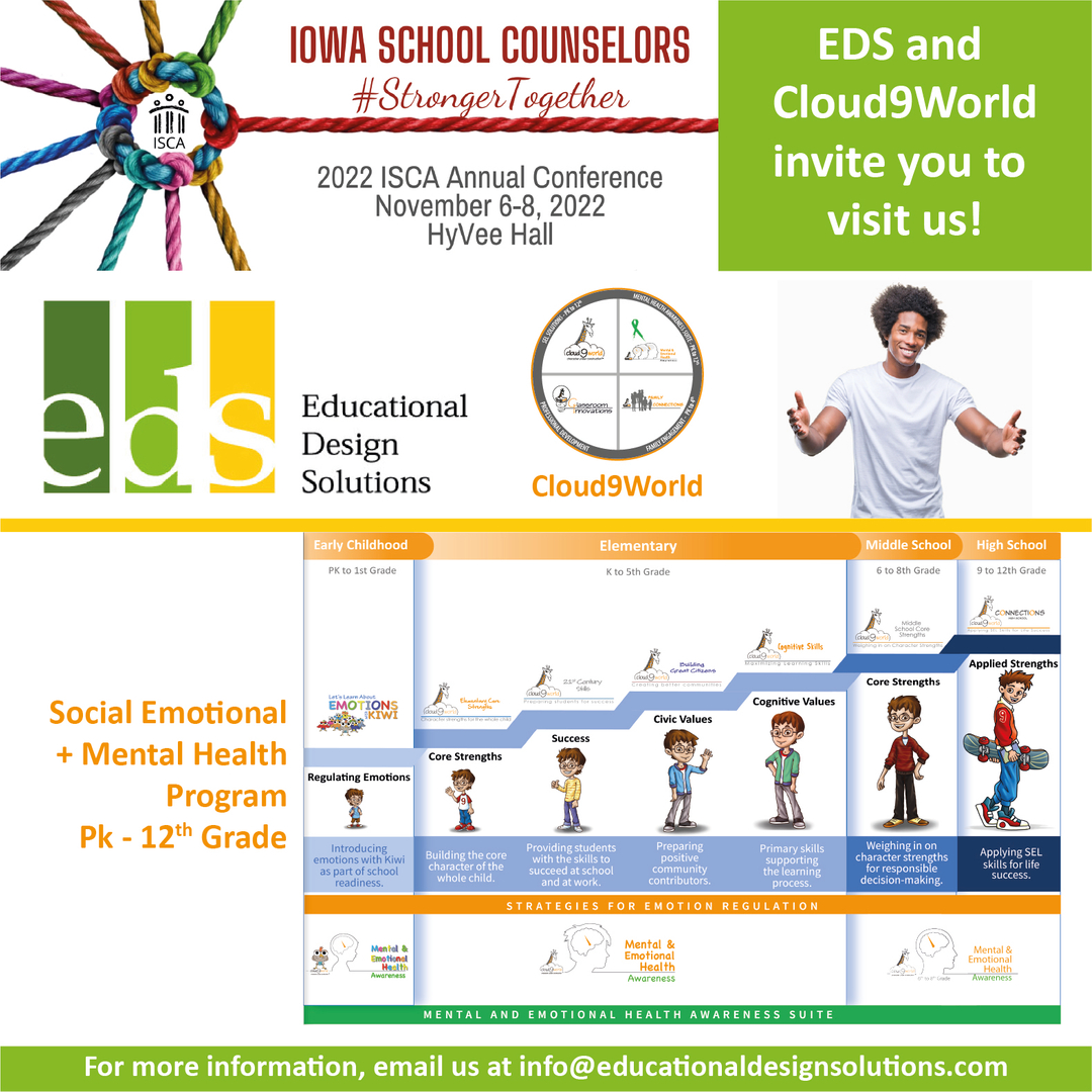 Cloud9World's tweet photo. Iowa School Counselors
2022 ISCA Annual Conference
November 6-8 at the HyVee HallConference Center
EDS and Cloud9World invite you to visit our booth!
Social Emotional & Mental Health Program PK-12th Grade and Wellness Suite.
#selconference #conference #educationalconference #educ https://t.co/at6OKOBZue