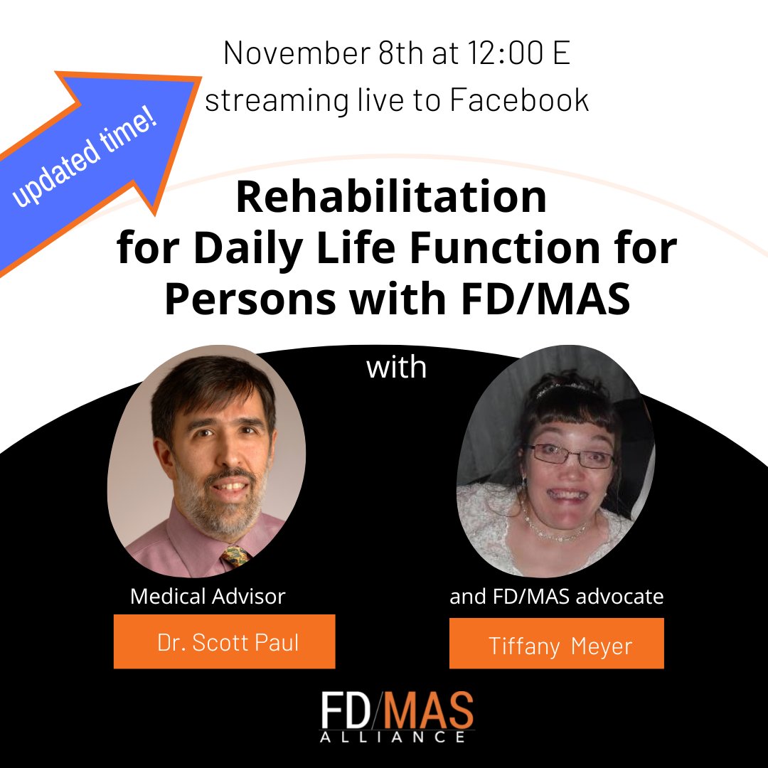 Happening TODAY! Two really engaging experts share their experience with Rehabilitative Medicine for Daily Life Function with FD/MAS. Tune in live via our Facebook page at 12:00 EST to hear Dr. Scott Paul and Tiffany Meyer share their thoughts! facebook.com/fibrousdysplas…