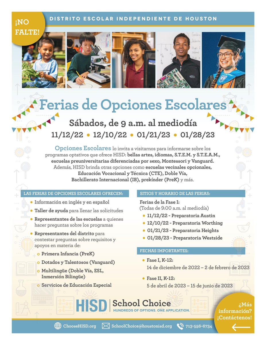 Join us at upcoming School Choice Fairs, in-person, Saturdays, from 9am-12pm. Learn more about the programs available across our district! Please share with families and our school community! <a href="/HoustonISD/">Houston ISD</a> <a href="/HISDInnovation/">HISD Strategy and Innovation</a> <a href="/HISDCTE/">Houston ISD CTE</a> @HISDChoice <a href="/Fonville_MS/">Fonville Middle School</a> @mcreynoldsbear1